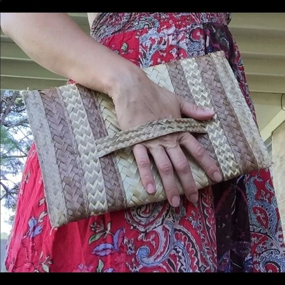 Wicker hand purse tropical beach straw woven khaki Hawiiaan bag envelope - Picture 5 of 6